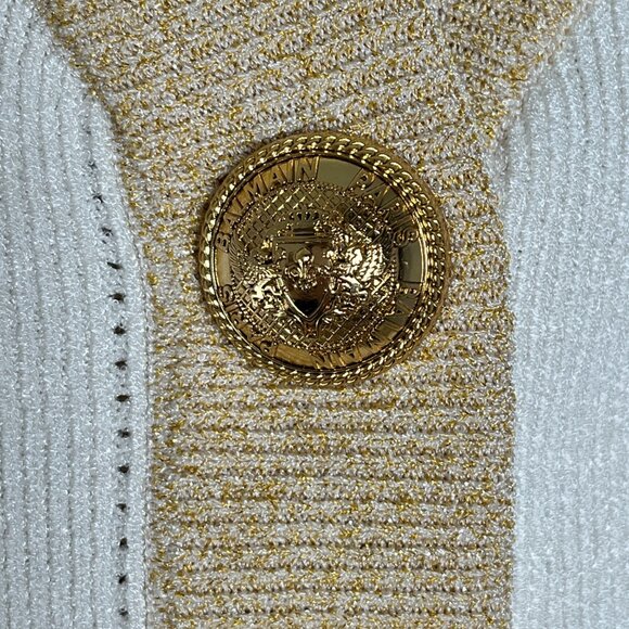 Authentic Balmain Off White Gold Ribbed Knit Cropped Cardigan Mini Skirt Set 38 - Picture 4 of 10